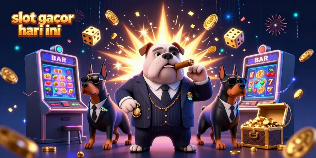 Ilustrasi kasino dengan slot gacor hari ini posisi utama, menampilkan jackpot dan energik.