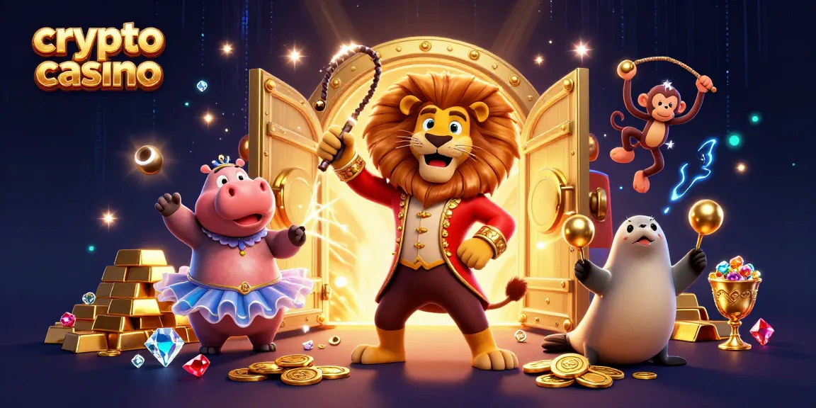 Vivez l'expérience du crypto casino avec un lion maître de cérémonie, un hippopotame et un singe, entourés de trésors.