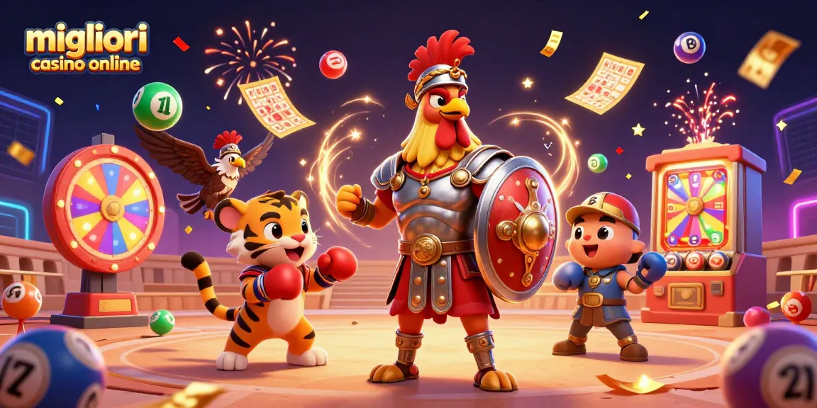 Migliori casino online: illustrazione 3D di un gallo gladiatore e un tigrotto, circondati da palline della lotteria e bingo.