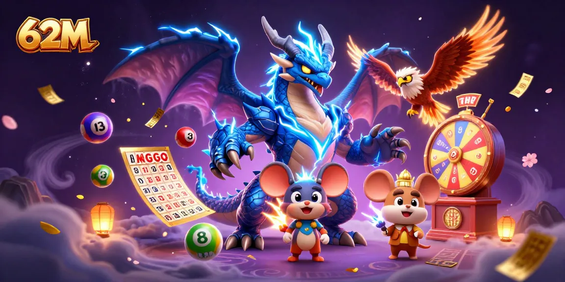 Ganhe grandes prêmios com 62M em uma cena vibrante de bingo e loteria animada.