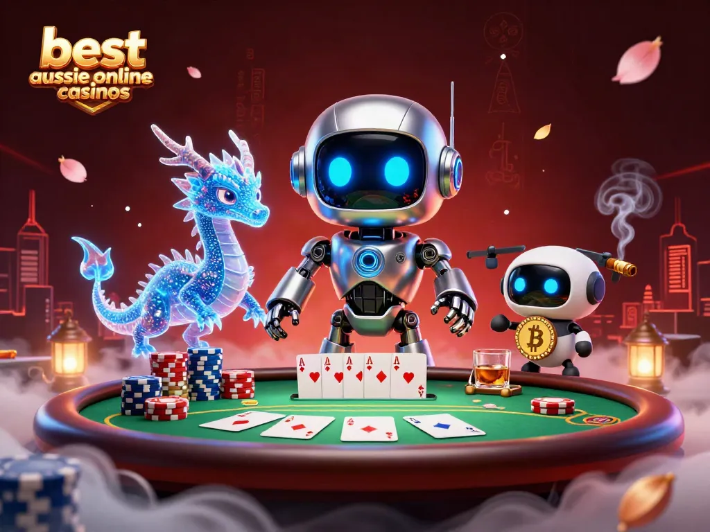 Experience the best Aussie online casinos through a vibrant 3D illustration of a cyberpunk casino scene