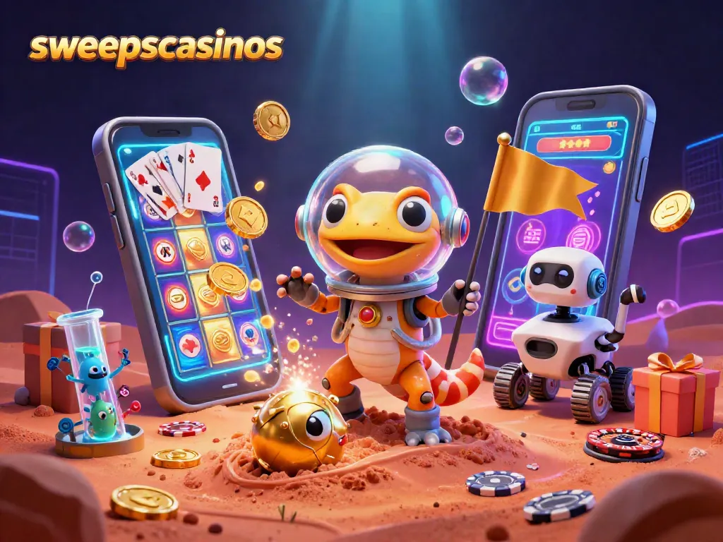 Play slots at sweepscasinos with a cheerful Martian gecko and alien friends celebrating casino discovery.