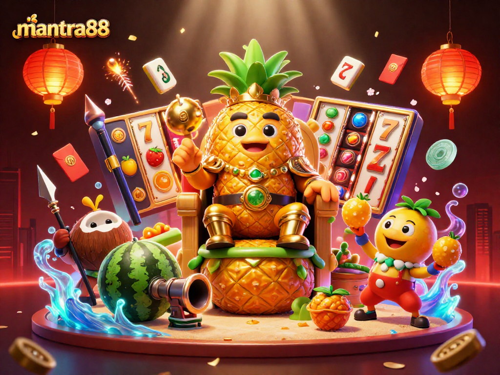 Experience thrilling wins at mantra88 with a vibrant beach casino featuring a golden pineapple king.