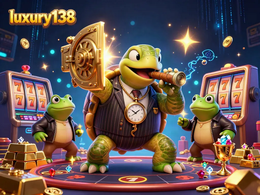 Engage with luxury138 at a vibrant online casino scene featuring a whimsical snapping turtle and bullfrogs in action.