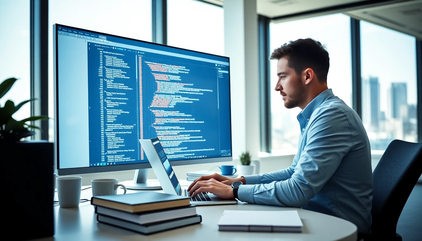Hire Shopify developer collaborating in a modern workspace with coding elements and bright atmosphere.