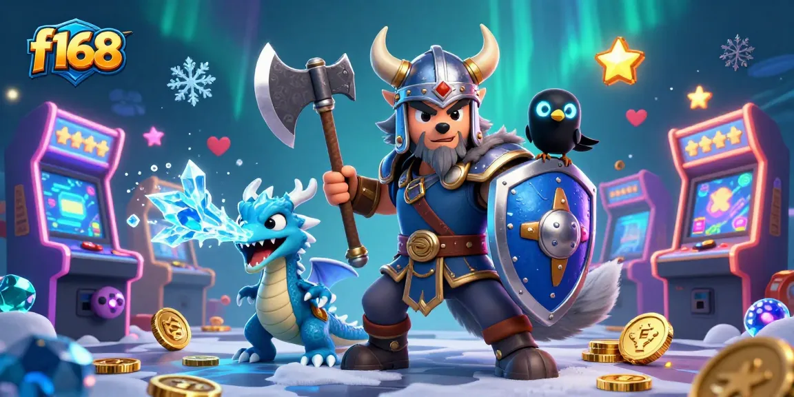 Spin to win big with F168 and the dynamic Viking warrior, dragon, and glowing coins.