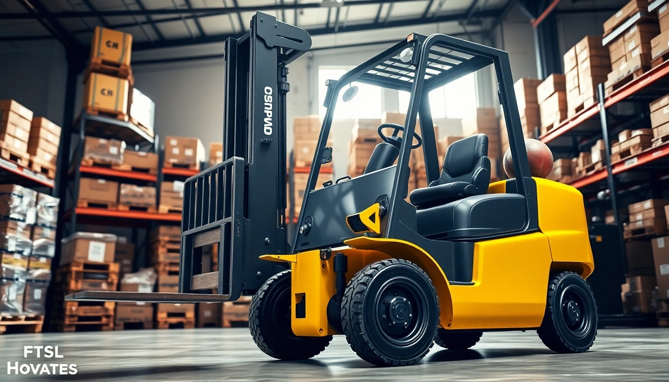 Forklift lifting pallets in a busy warehouse setting, emphasizing its robust design and functionality.
