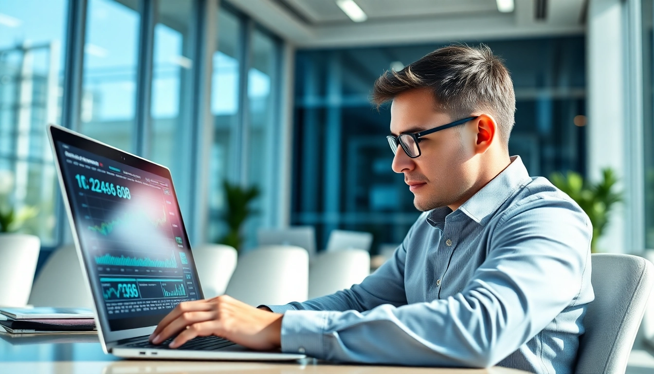 AI Investing: Professional analyzing data with AI tools in a modern office.