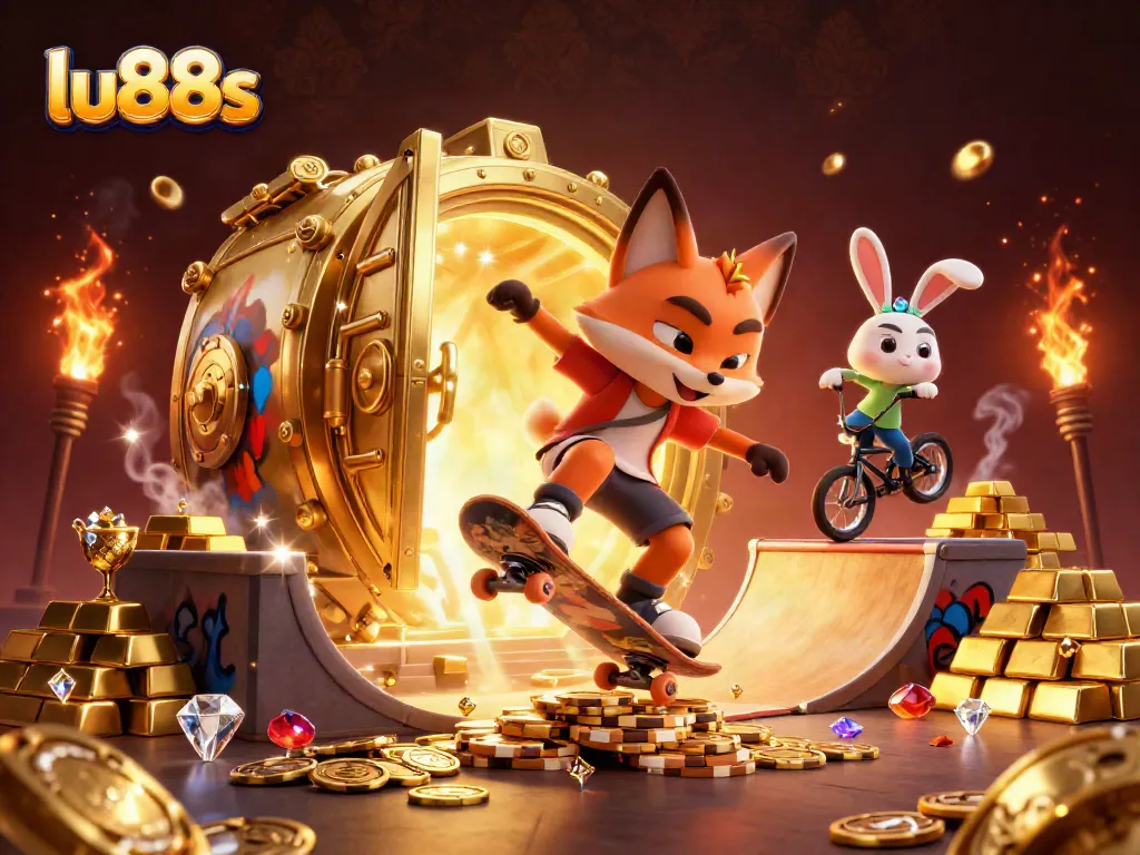 Experience excitement at lu88s with a skateboarder fox and BMX rabbit in a dynamic casino scene.