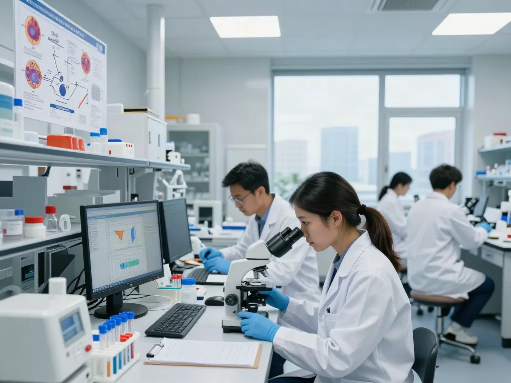 Cancer research team in a laboratory analyzing samples and data, representing advancements in cancer treatment.