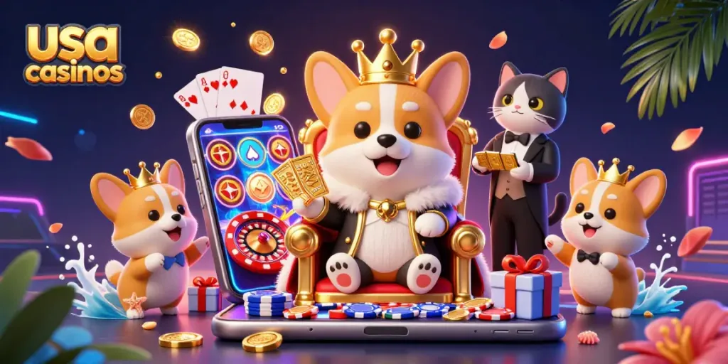 Experience the vibrant world of usa casinos with a royal corgi on a throne of poker chips.