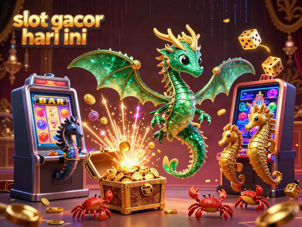 Spin and win on slot gacor hari ini with vibrant casino scenes featuring a lush treasure dragon and dynamic game elements.