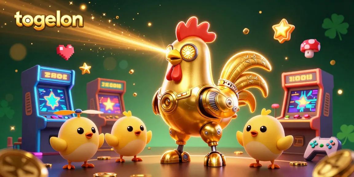 Engage with togelon in this vibrant 3D scene featuring a golden rooster robot and playful chick drones.
