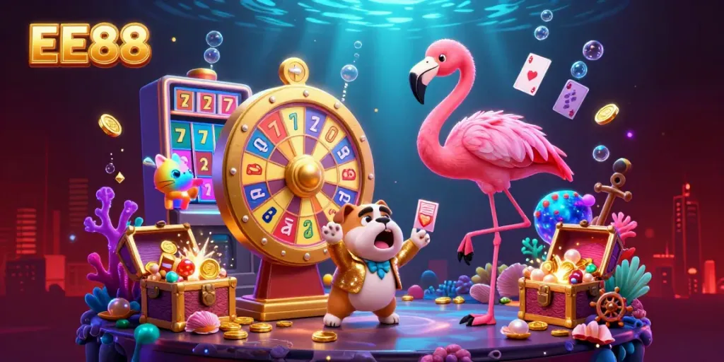 Engage with EE88's vibrant online casino excitement, featuring lively characters, prize elements, and dynamic gaming action.