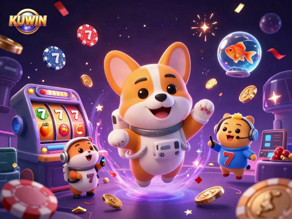 Kuwin casino-themed 3D illustration with corgi, hamster, and goldfish amidst floating jackpot reels and coins.