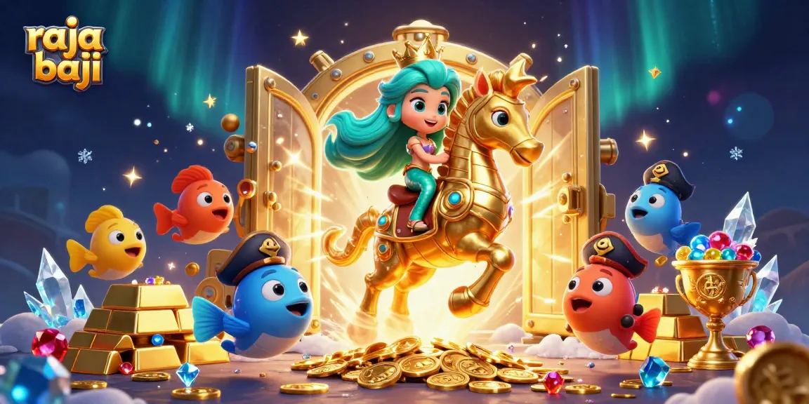 Experience raja baji in this vibrant 3D scene with a mermaid princess, treasure vaults, and casino elements
