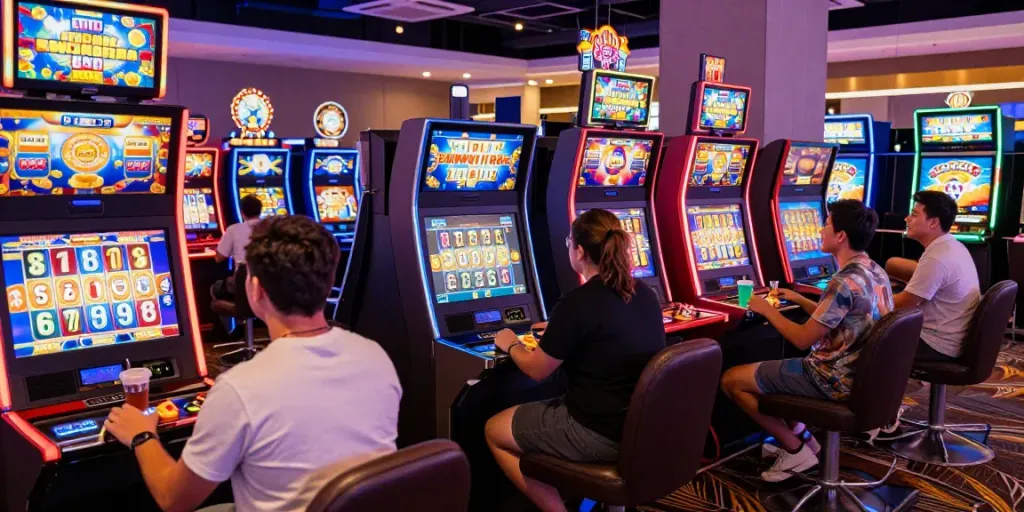 Players enjoying PG SLOT machines in a vibrant casino setting.