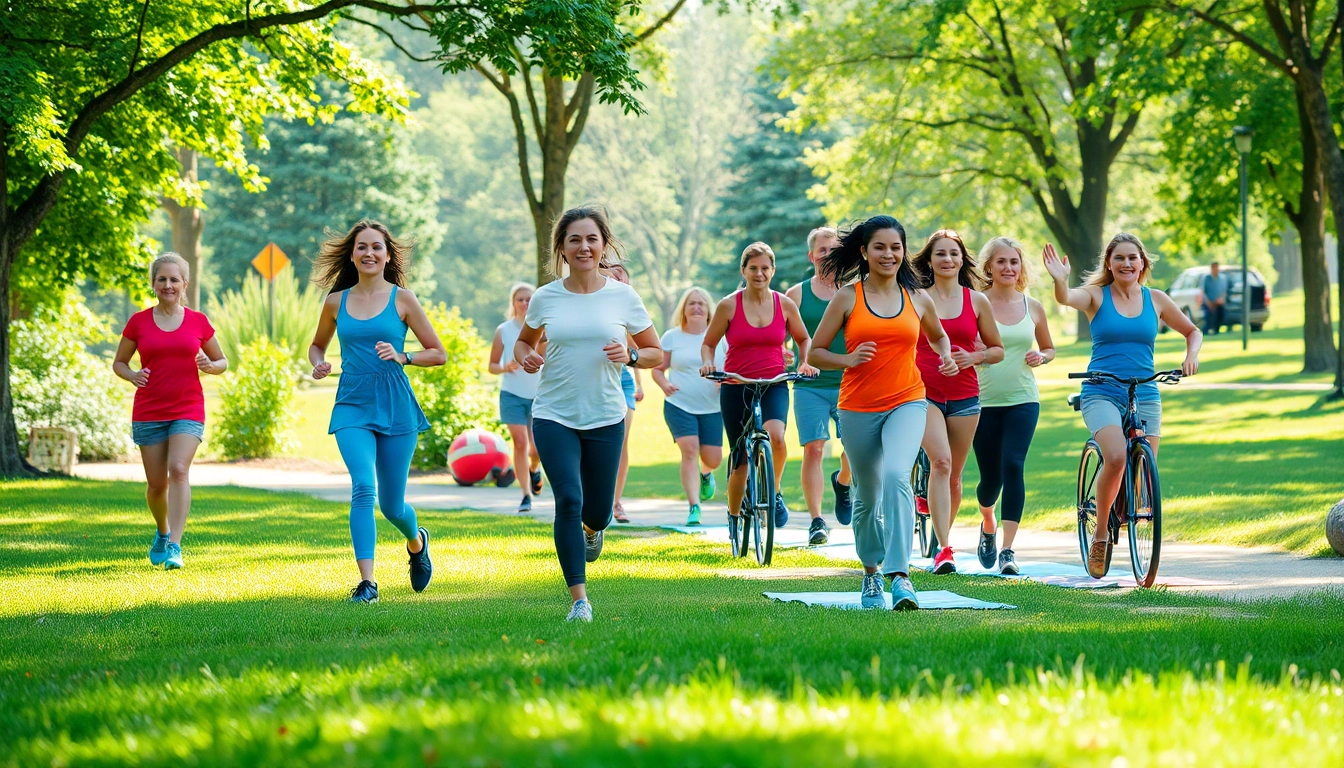 Promote a Healthy Life with people enjoying outdoor activities like yoga and jogging.