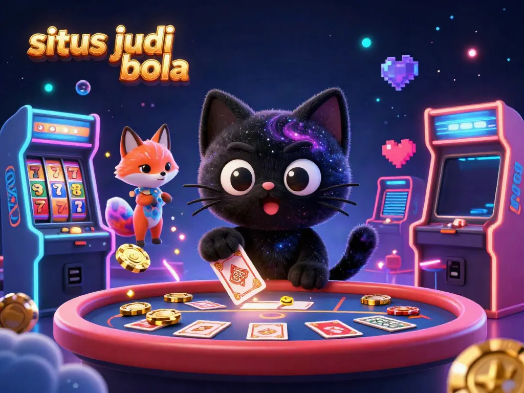 Experience exhilarating betting at situs judi bola with a cosmic casino scene featuring a black hole cat and arcade machines.