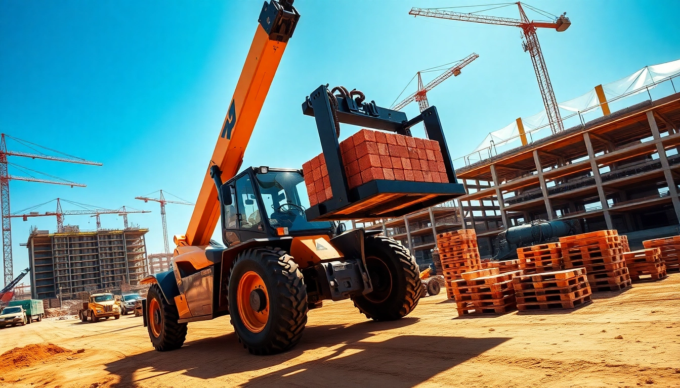 Telehandler lifting construction materials at a busy site with great visibility.
