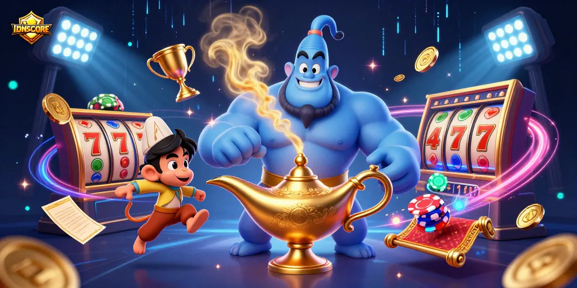 Experience thrilling gameplay with IDNSCORE's vibrant slot game illustration showcasing genies and poker chips.