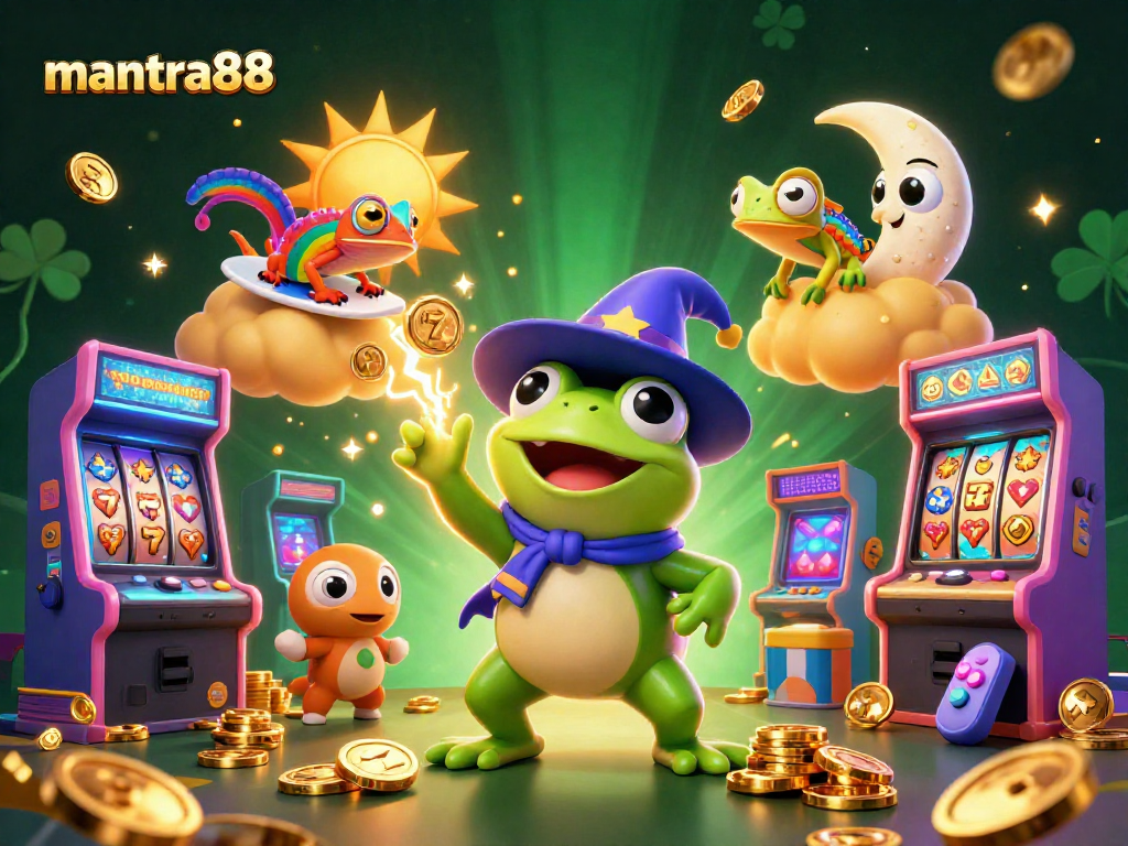Experience the excitement with mantra88 in this vibrant 3D casino-themed illustration featuring a wizard frog and more.