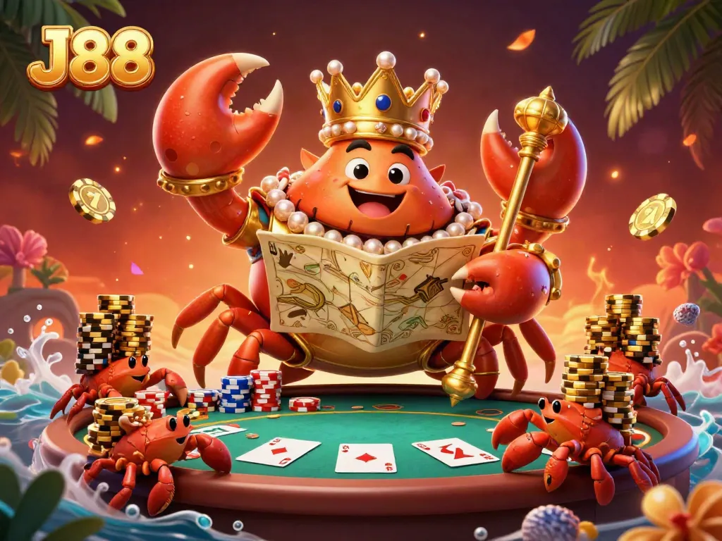 Experience J88's vibrant casino scene with a golden crab emperor amidst poker elements.