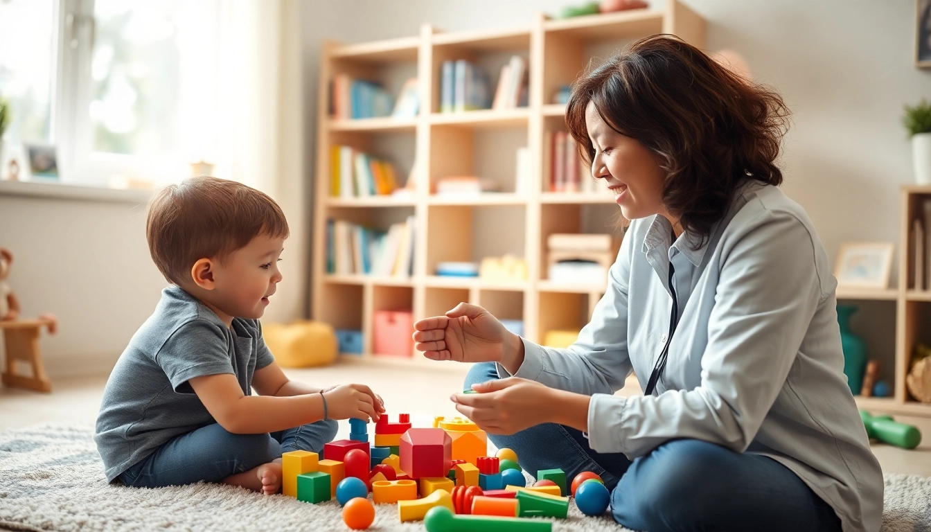 Engage in Play Therapy with a professional therapist and a child using colorful toys in a serene setting.