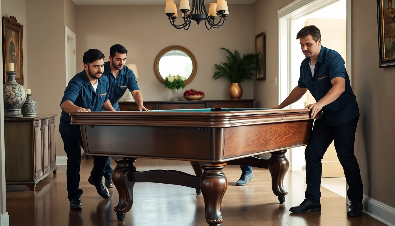 Expert pool table movers dallas skillfully transporting a slate pool table in a residential setting.