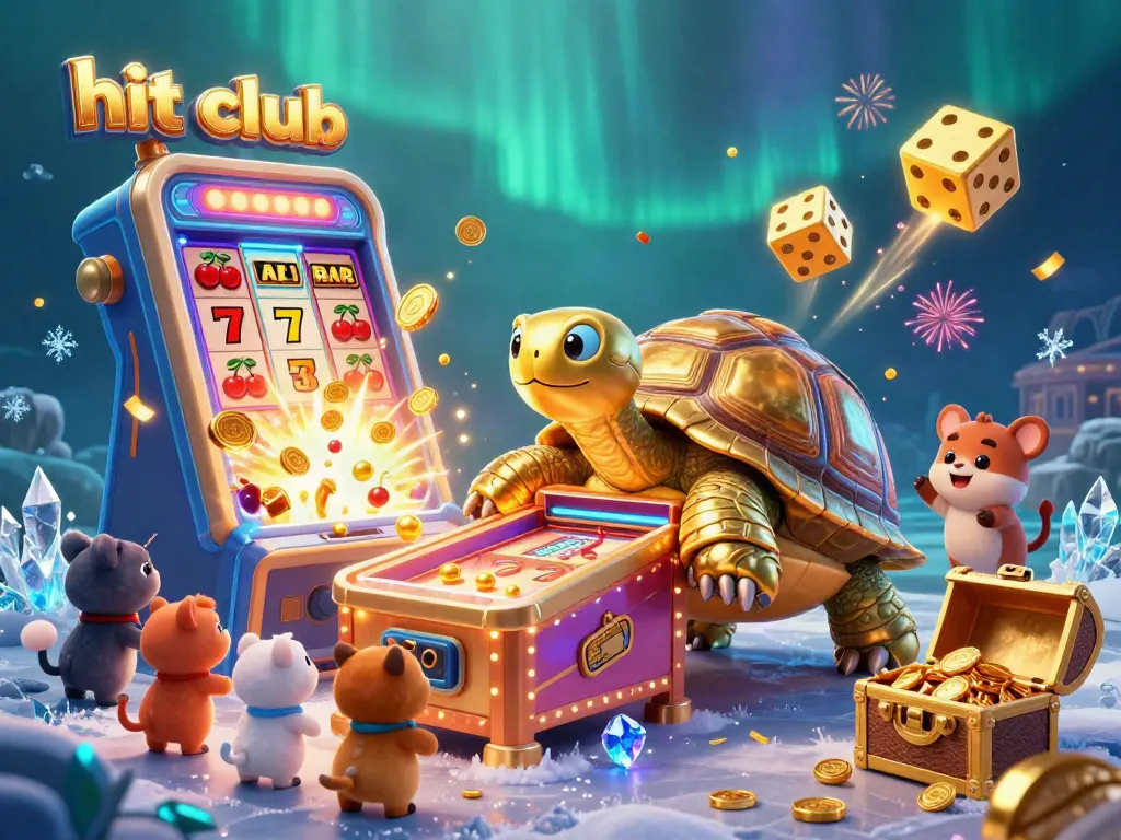 Experience thrilling gameplay at hit club with a lively scene of golden characters amidst a colorful casino.