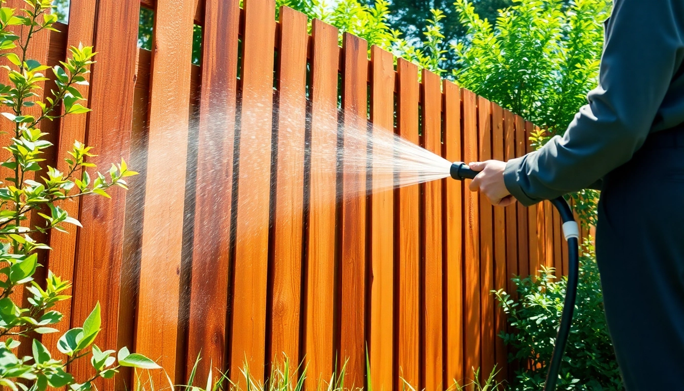 Fence Cleaning service showcasing a technician soft washing a wooden fence surrounded by greenery.