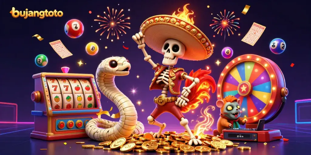 Bujangtoto showcases vibrant animated characters celebrating with gold coins amidst slot games and lottery elements.