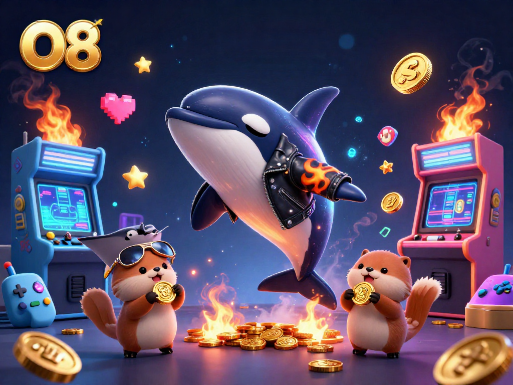 O8 showcases a lively 3D scene with an orca whale, a stingray, and otters enjoying vibrant casino games.