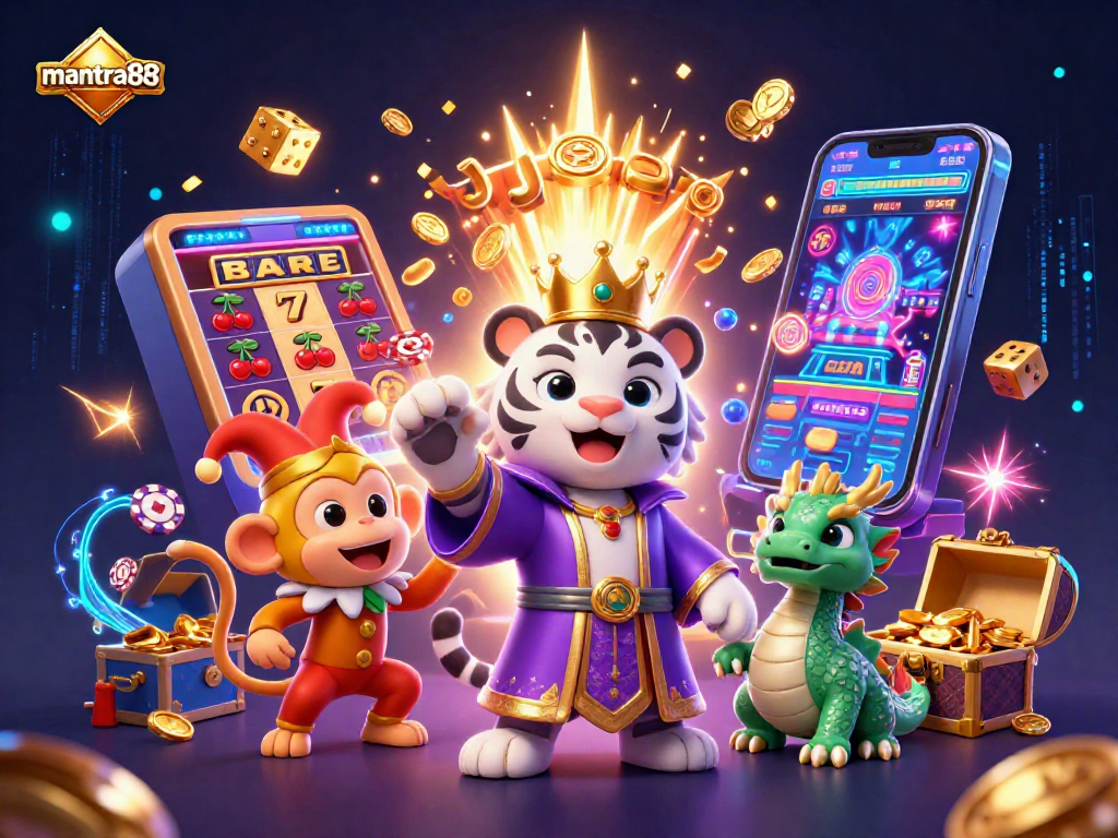 Experience mantra88's vibrant gaming scene with dynamic characters and a bursting jackpot amid rich casino elements.