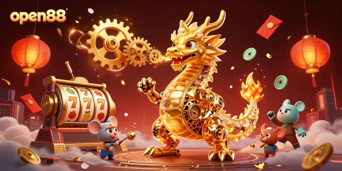 Engage with open88's thrilling slots experience featuring a golden dragon breathing gears amidst vibrant casino elements.