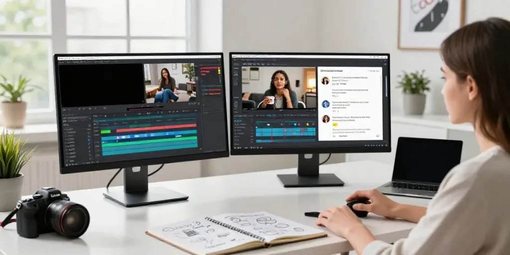 How to use an AI social media video generator in a modern workspace featuring a female creator editing videos on dual monitors.