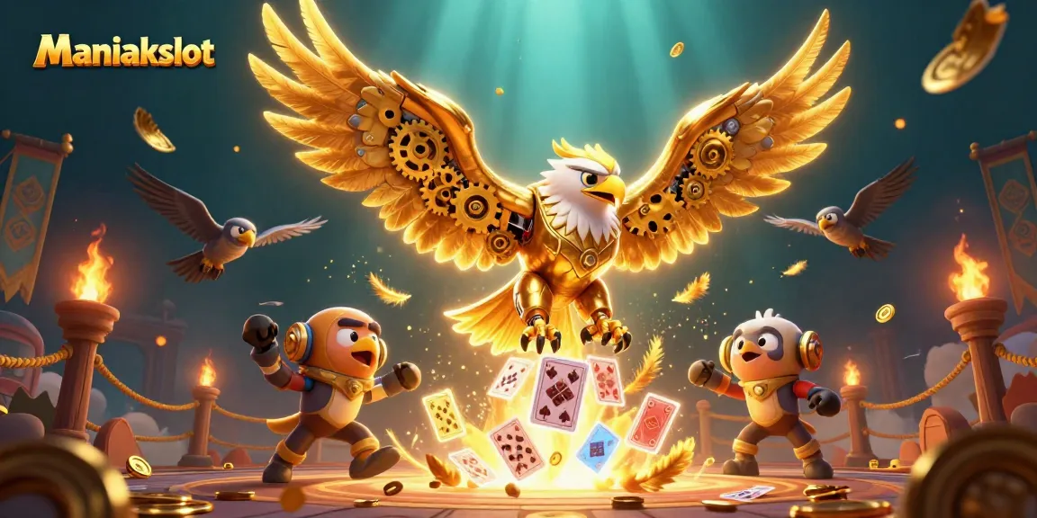 Engage with Maniakslot's thrilling jackpot quest featuring a golden eagle amidst casino excitement.