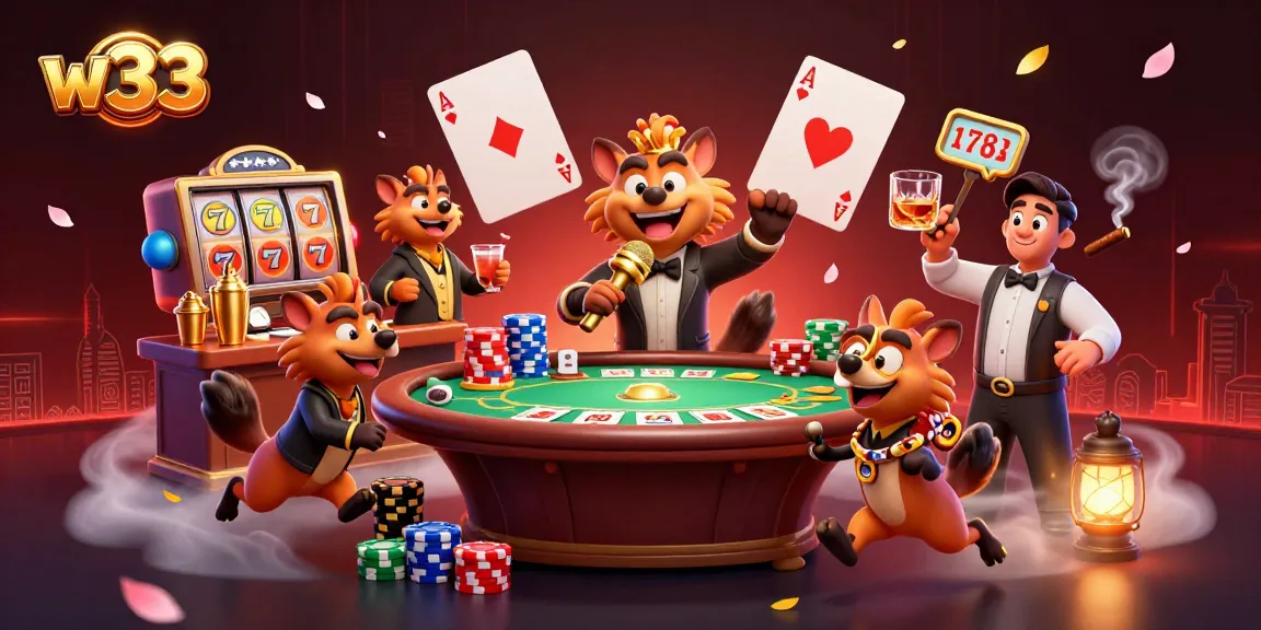 Experience exciting gameplay with w33 as hyenas run a vibrant casino scene filled with poker and slots.
