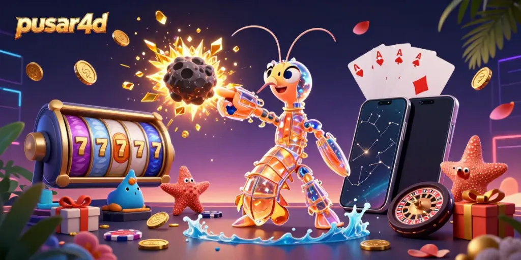 Pusar4d showcases a thrilling 3D scene of a samurai mantis shrimp in action with slot game elements.