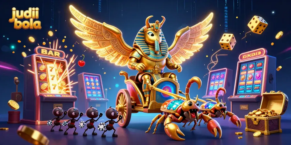 Gambaran judi bola dengan scarab emas dan kereta mencolok di tengah kemeriahan perjudian.