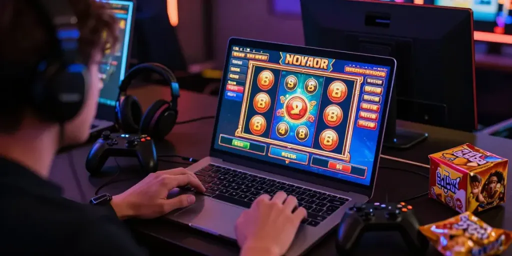 Pengguna bermain slot88 di laptop dengan suasana gaming yang energik.