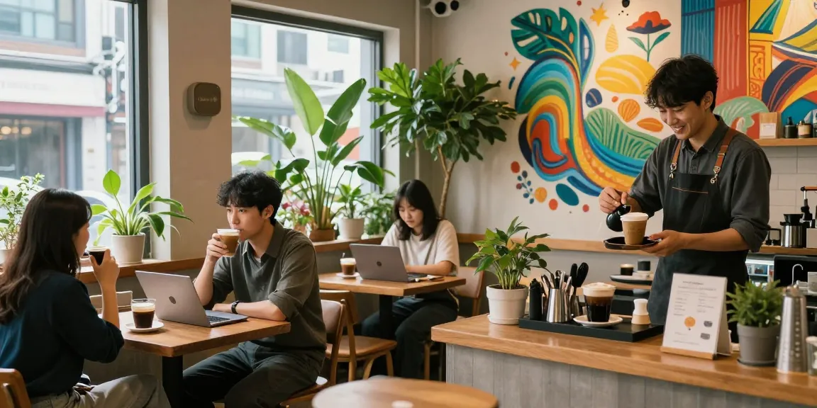 강남 세이렌에서의 현대적 카페 내부, 고객을 위해 아티잔 커피를 준비하는 바리스타의 모습