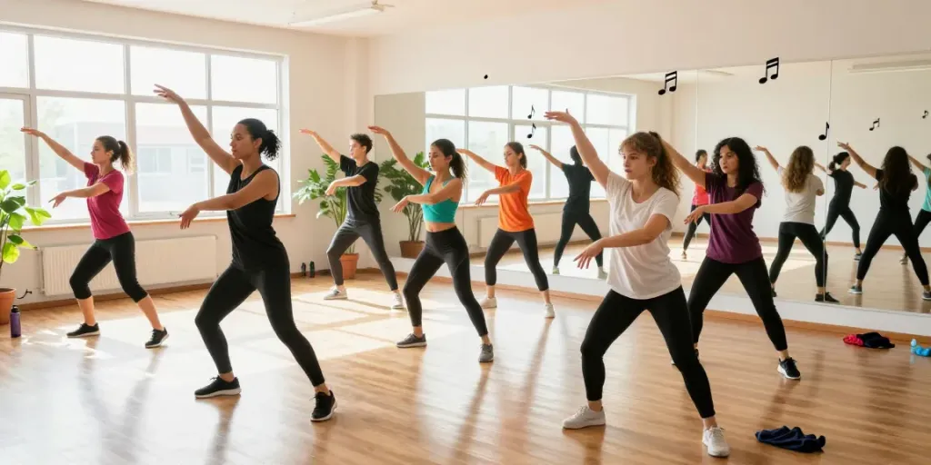 Group of dancers in colorful attire practicing choreography at kineticsynergydancecompany.com studio.