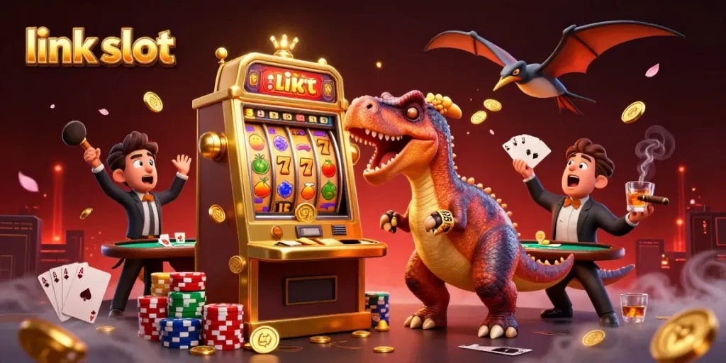 Experience thrilling wins with link slot as a dinosaur interacts with a slot machine for jackpots