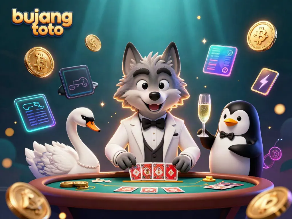 Experience thrilling gaming with bujang toto featuring a cartoon wolf, swan, and penguin in an energetic casino scene.