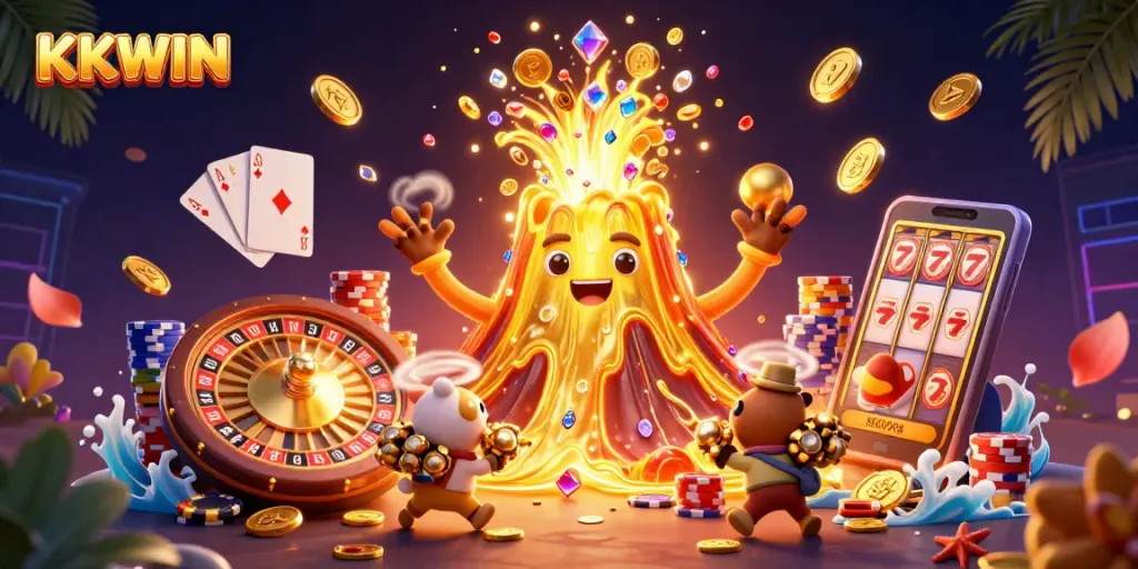 Experience thrilling wins at KKWIN casino with vibrant scenes of gold coins and games.
