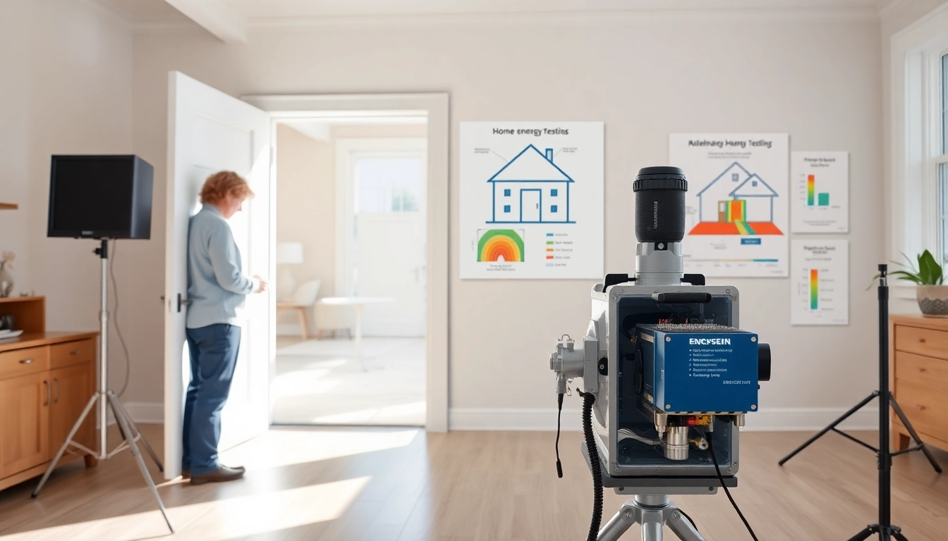 Blower door test companies conducting energy efficiency assessment in a home