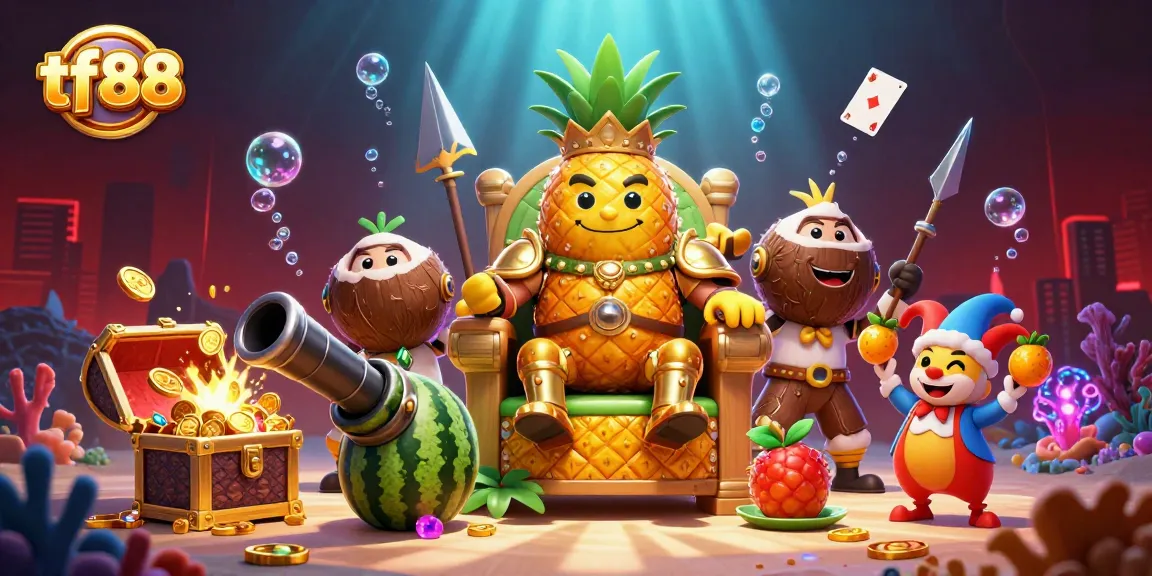 Experience the excitement of tf88 with a vibrant illustration of a golden pineapple king and his jester in a dynamic casino scene