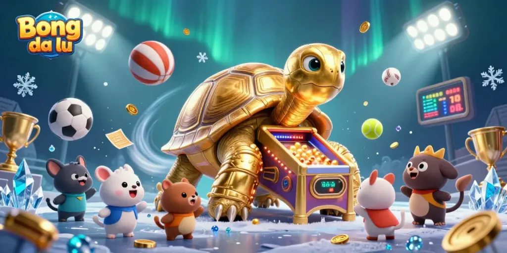 Bong da lu engages players with a thrilling scene of a golden tortoise pinball machine amidst sports action and excitement.