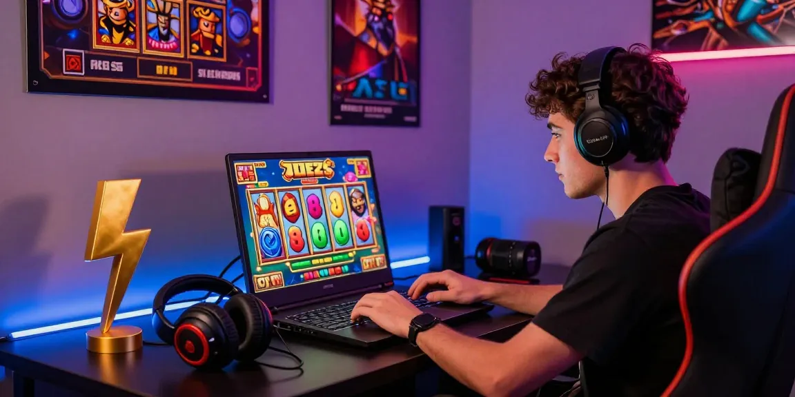 Player engaging with slot zeus game on a laptop, vivid gaming setup with themed decor and dynamic atmosphere.
